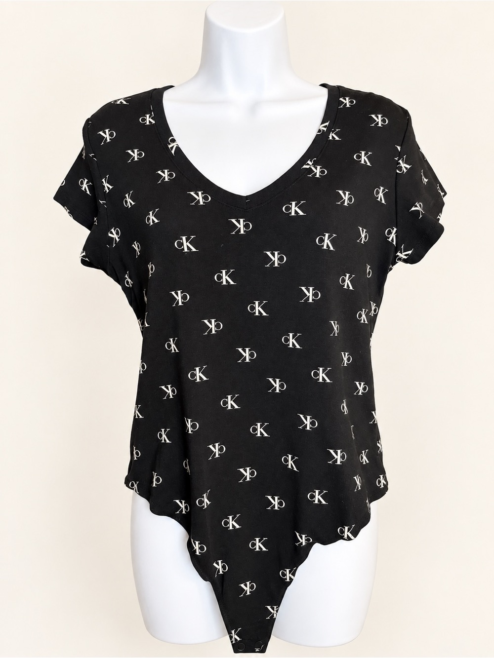 Calvin Klein Black V-Neck Logo Print Short Sleeve Bodysuit